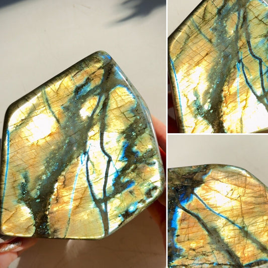 Enormous Golden Rivers Yellow Blue Flash Labradorite Crystal Free Form Peacock Full Face Flash 1600g 14x12x4cm 56.4oz 5.5x4.7x1.6in 21R