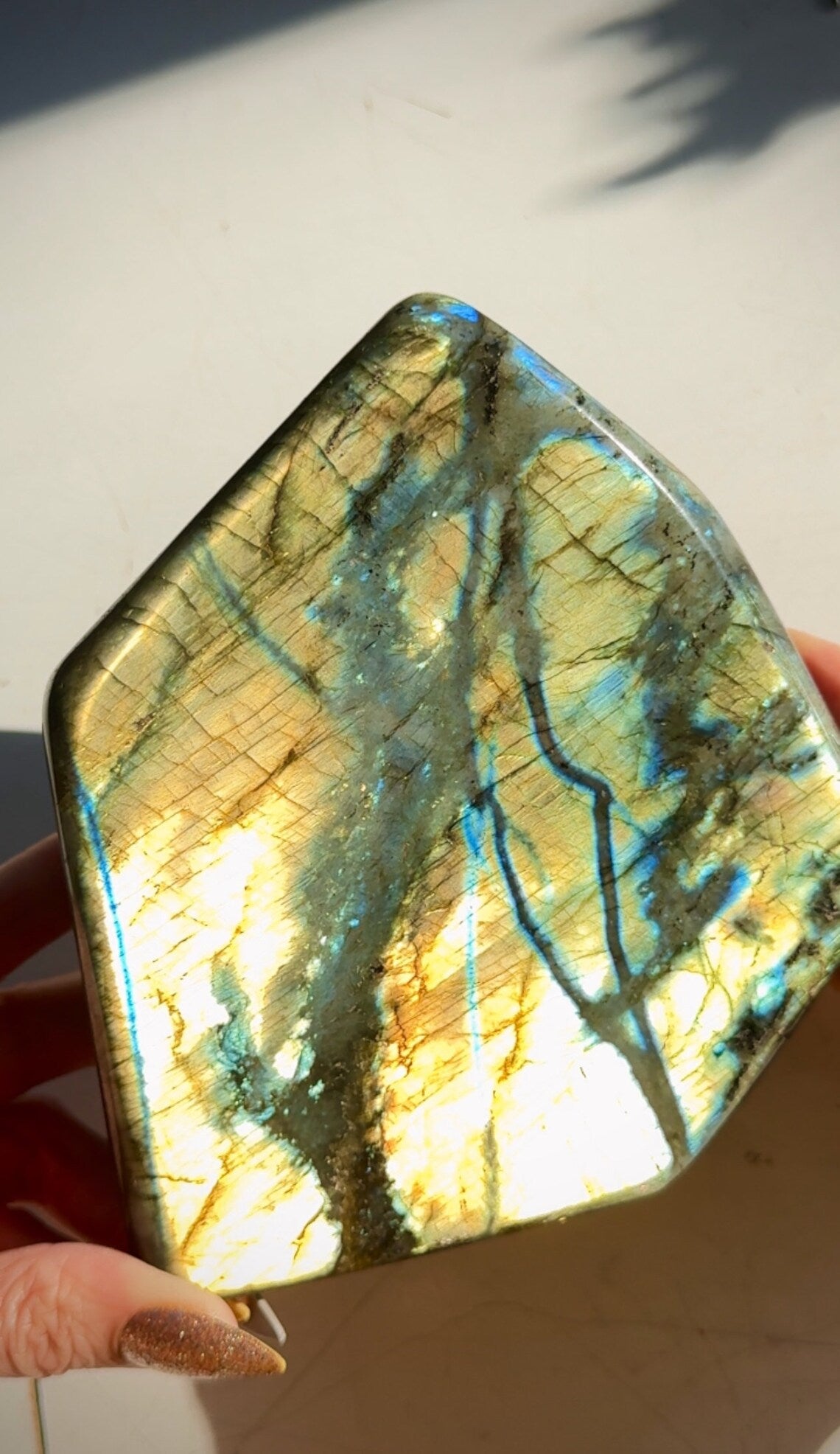 Enormous Golden Rivers Yellow Blue Flash Labradorite Crystal Free Form Peacock Full Face Flash 1600g 14x12x4cm 56.4oz 5.5x4.7x1.6in 21R